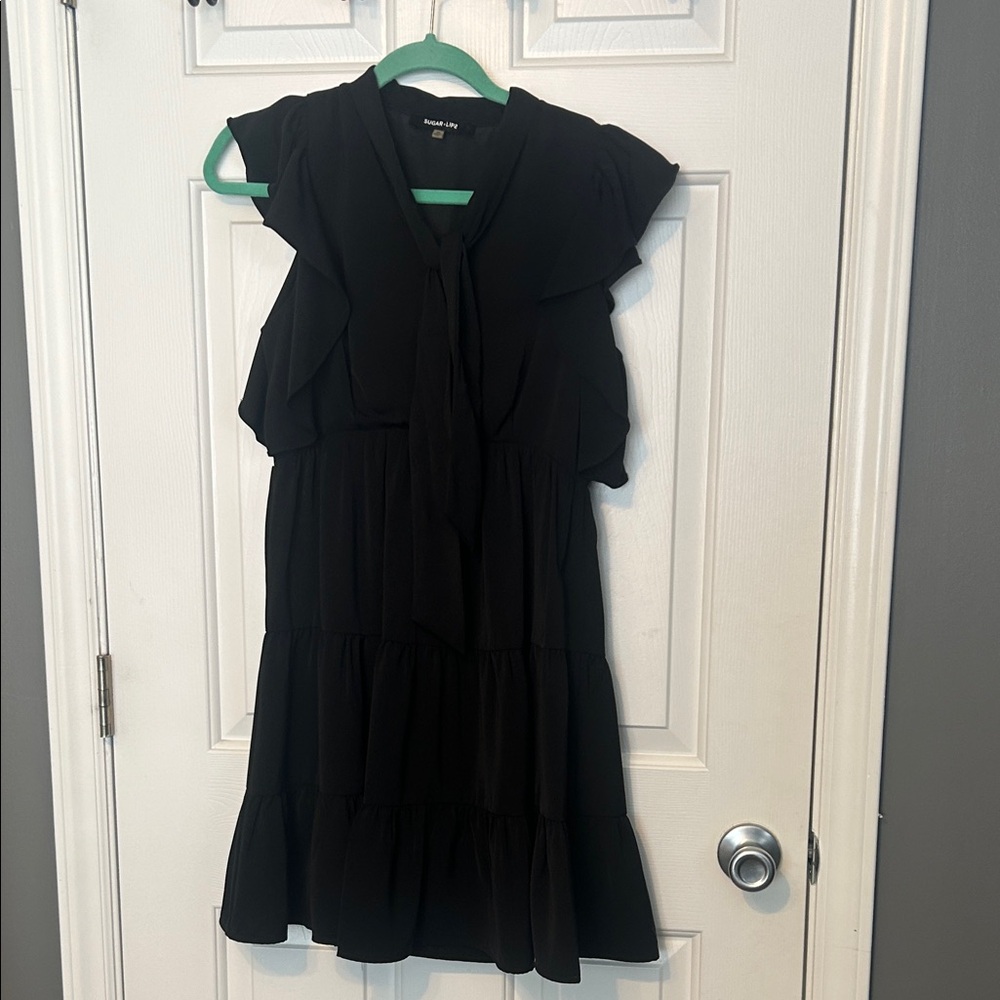 Sugar-lips Black Tie-Neck Ruffle Tiered Mini Dress with flutter sleeves XS